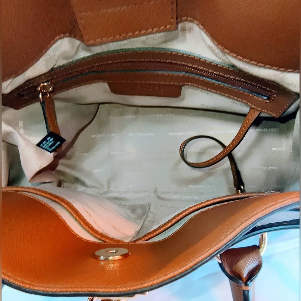 MICHAEL KORS Cognac Hamilton Saffiano Leather Satchel with Gold-Tone Chain Strap - Picture 9 of 16